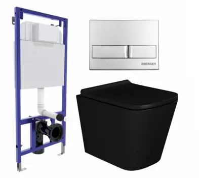 Комплект 3 в 1 инсталляция Berges Wasserhaus Novum L3 + Унитаз подвесной Enio Binario BL черный EN4180225 + кнопка хром