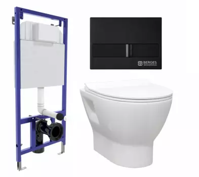Комплект 3 в 1 инсталляция Berges Wasserhaus Novum L5 + Унитаз подвесной Enio Nativo EN1270551 + кнопка черная