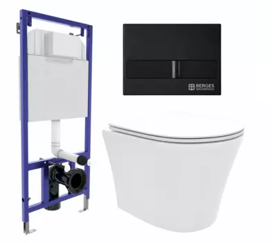 Комплект 3 в 1 инсталляция Berges Wasserhaus Novum L5 + Унитаз подвесной Enio Neo EN5370588 + кнопка черная
