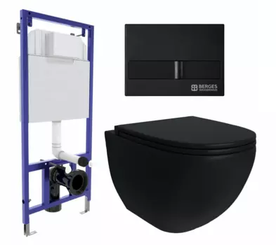 Комплект 3 в 1 инсталляция Berges Wasserhaus Novum L5 + Унитаз подвесной Enio Unico BL черный EN4105055 + кнопка черная