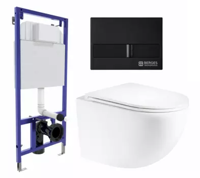 Комплект 3 в 1 инсталляция Berges Wasserhaus Novum L5 + Унитаз подвесной Enio Unico Tornado EN2105073 + кнопка черная