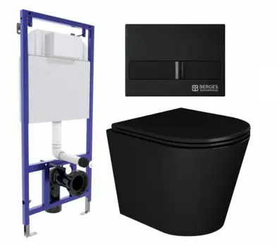Комплект 3 в 1 инсталляция Berges Wasserhaus Novum L5 + Унитаз подвесной Enio Cento BL черный EN4280035 + кнопка черная