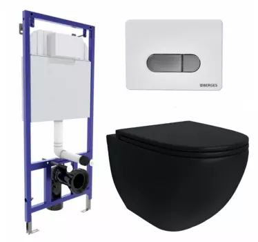 Комплект 3 в 1 инсталляция Berges Wasserhaus Novum D7 + Унитаз подвесной Enio Unico BL черный EN4105055 + кнопка хром