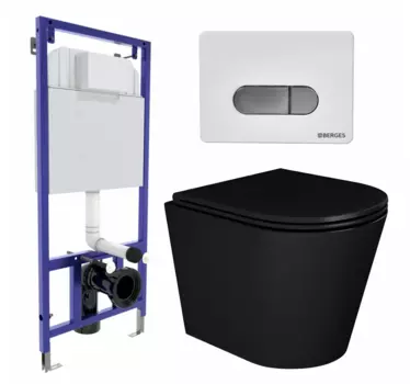 Комплект 3 в 1 инсталляция Berges Wasserhaus Novum D7 + Унитаз подвесной Enio Cento BL черный EN4280035 + кнопка хром