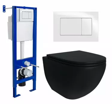 Комплект 3 в 1 инсталляция Berges Wasserhaus Atom 410 + Унитаз подвесной Enio Unico BL черный EN4105055 + кнопка белая