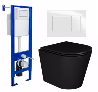 Комплект 3 в 1 инсталляция Berges Wasserhaus Atom 410 + Унитаз подвесной Enio Cento BL черный EN4280035 + кнопка белая