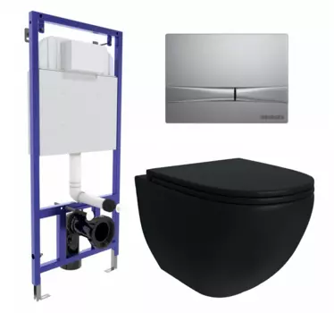 Комплект 3 в 1 инсталляция Berges Wasserhaus Novum 040252 + Унитаз подвесной Enio Unico BL черный EN4105055 + кнопка хром матовая