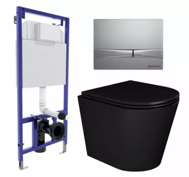 Комплект 3 в 1 инсталляция Berges Wasserhaus Novum 040252 + Унитаз подвесной Enio Cento BL черный EN4280035 + кнопка хром матовая