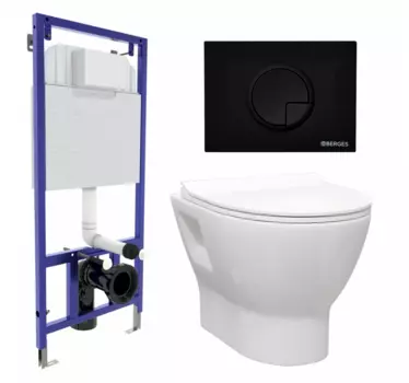 Комплект 3 в 1 инсталляция Berges Wasserhaus Novum 040225 + Унитаз подвесной Enio Nativo EN1270551 + кнопка черная
