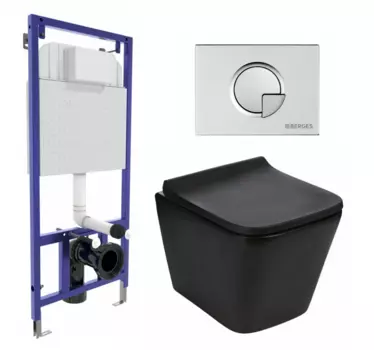 Комплект 3 в 1 инсталляция Berges Wasserhaus Novum 040222 + Подвесной унитаз WeltWasser Gelbach 041 MT-BL + кнопка хром матовая