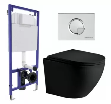Комплект 3 в 1 инсталляция Berges Wasserhaus Novum 040222 + Унитаз подвесной Weltwasser WW Merzbach 043 MT-BL + кнопка хром матовая