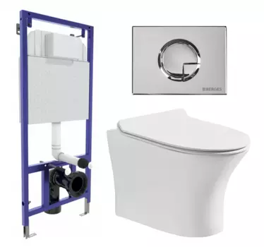 Комплект 3 в 1 инсталляция Berges Wasserhaus Novum 040223 + Подвесной безободковый унитаз CeruttiSpa Bernina aria CT7191 + кнопка хром