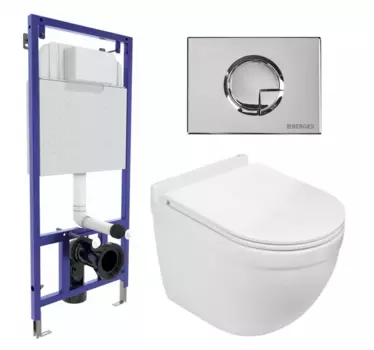 Комплект 3 в 1 инсталляция Berges Wasserhaus Novum 040223 + Подвесной унитаз WeltWasser Heimbach 043 GL-WT + кнопка хром
