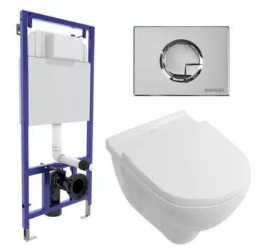 Комплект 3 в 1 инсталляция Berges Wasserhaus Novum 040223 + Унитаз подвесной Villeroy & Boch O Novo Directflush + кнопка хром