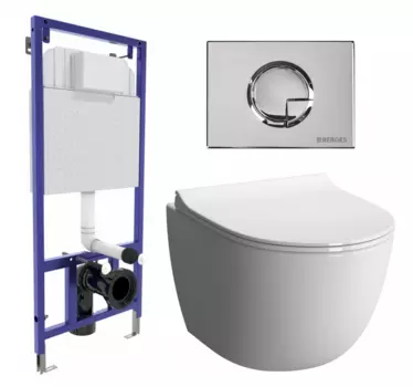 Комплект 3 в 1 инсталляция Berges Wasserhaus Novum 040223 + Унитаз подвесной VitrA Sento 7748В003-0075 + кнопка хром