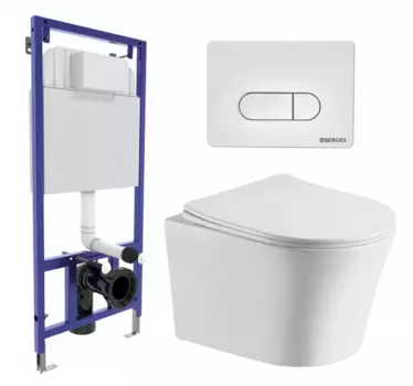 Комплект 3 в 1 инсталляция Berges Wasserhaus Novum 040231 + Подвесной унитаз CeruttiSpa Adige Aria CT7837 + кнопка белая