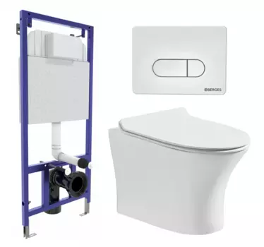 Комплект 3 в 1 инсталляция Berges Wasserhaus Novum 040231 + Подвесной безободковый унитаз CeruttiSpa Bernina aria CT7191 + кнопка белая
