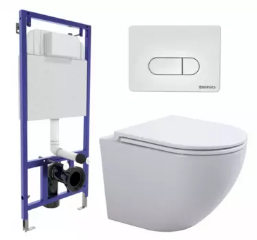 Комплект 3 в 1 инсталляция Berges Wasserhaus Novum 040231 + Подвесной унитаз SinteSi EVI + кнопка белая