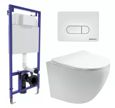 Комплект 3 в 1 инсталляция Berges Wasserhaus Novum 040231 + Унитаз подвесной Акватек Европа AQ1900-00 + кнопка белая