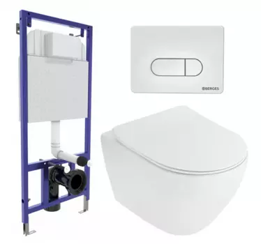 Комплект 3 в 1 инсталляция Berges Wasserhaus Novum 040231 + Унитаз подвесной Cezares Stylus CZR-513-TH-R + кнопка белая