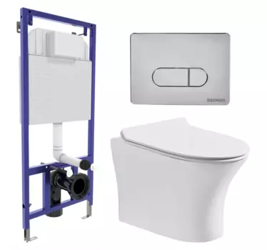Комплект 3 в 1 инсталляция Berges Wasserhaus Novum 040233 + Подвесной безободковый унитаз CeruttiSpa Bernina aria CT7191 + кнопка хром