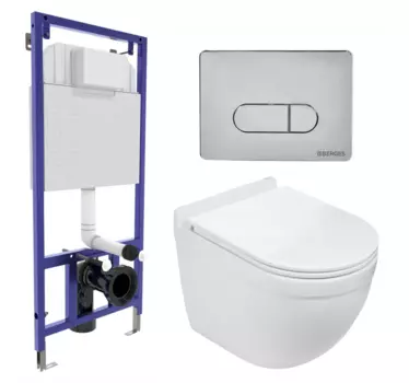 Комплект 3 в 1 инсталляция Berges Wasserhaus Novum 040233 + Подвесной унитаз WeltWasser Heimbach 043 GL-WT + кнопка хром