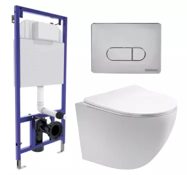 Комплект 3 в 1 инсталляция Berges Wasserhaus Novum 040233 + Унитаз подвесной Акватек Европа AQ1900-00 + кнопка хром