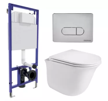 Комплект 3 в 1 инсталляция Berges Wasserhaus Novum 040233 + Подвесной унитаз WeltWasser Telbach 004 GL-WT + кнопка хром