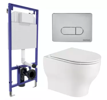 Комплект 3 в 1 инсталляция Berges Wasserhaus Novum 040233 + Подвесной унитаз WeltWasser Erlenbach 004 GL-WT + кнопка хром