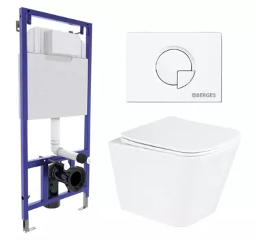 Комплект 3 в 1 инсталляция Berges Wasserhaus Novum 040221 + Унитаз подвесной BelBagno Due BB3103CHR/SC + кнопка белая