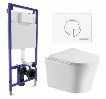 Комплект 3 в 1 инсталляция Berges Wasserhaus Novum 040221 + Подвесной унитаз CeruttiSpa Adige Aria CT7837 + кнопка белая