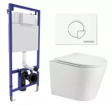 Комплект 3 в 1 инсталляция Berges Wasserhaus Novum 040221 + Подвесной унитаз WeltWasser Salzbach 043 GL-WT + кнопка белая