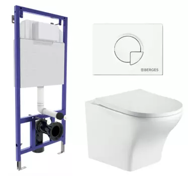 Комплект 3 в 1 инсталляция Berges Wasserhaus Novum 040221 + Подвесной унитаз WeltWasser Odenbach 004 GL-WT + кнопка белая