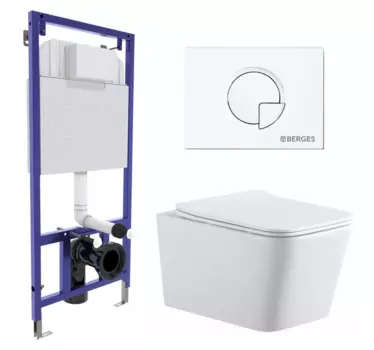 Комплект 3 в 1 инсталляция Berges Wasserhaus Novum 040221 + Подвесной унитаз SinteSi BALTI + кнопка белая