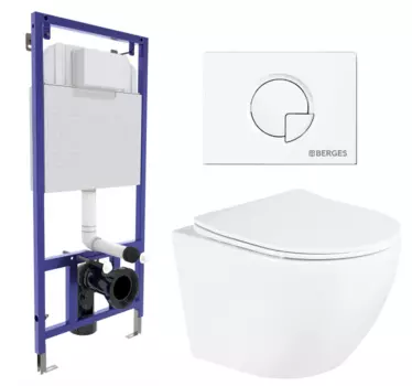 Комплект 3 в 1 инсталляция Berges Wasserhaus Novum 040221 + Унитаз подвесной BelBagno Uno BB3105CHR/SC + кнопка белая