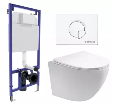 Комплект 3 в 1 инсталляция Berges Wasserhaus Novum 040221 + Унитаз подвесной Акватек Европа AQ1900-00 + кнопка белая