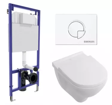 Комплект 3 в 1 инсталляция Berges Wasserhaus Novum 040221 + Унитаз подвесной Villeroy & Boch O Novo Directflush + кнопка белая