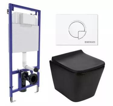 Комплект 3 в 1 инсталляция Berges Wasserhaus Novum 040221 + Подвесной унитаз WeltWasser Gelbach 041 MT-BL + кнопка белая