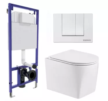 Комплект 3 в 1 инсталляция Berges Wasserhaus Novum 040241 + Унитаз подвесной WeltWasser Nesenbach 004 GL-WT + кнопка белая