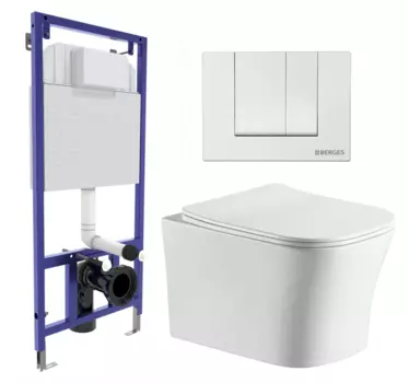 Комплект 3 в 1 инсталляция Berges Wasserhaus Novum 040241 + Подвесной унитаз CeruttiSpa Marmolada aria CT7778 + кнопка белая