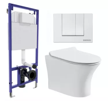 Комплект 3 в 1 инсталляция Berges Wasserhaus Novum 040241 + Подвесной безободковый унитаз CeruttiSpa Bernina aria CT7191 + кнопка белая