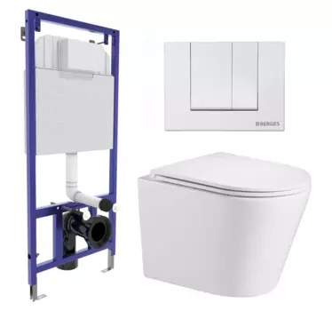 Комплект 3 в 1 инсталляция Berges Wasserhaus Novum 040241 + Подвесной унитаз WeltWasser Salzbach 043 GL-WT + кнопка белая