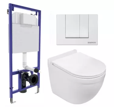 Комплект 3 в 1 инсталляция Berges Wasserhaus Novum 040241 + Подвесной унитаз WeltWasser Heimbach 043 GL-WT + кнопка белая