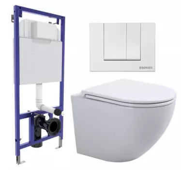 Комплект 3 в 1 инсталляция Berges Wasserhaus Novum 040241 + Подвесной унитаз SinteSi EVI + кнопка белая