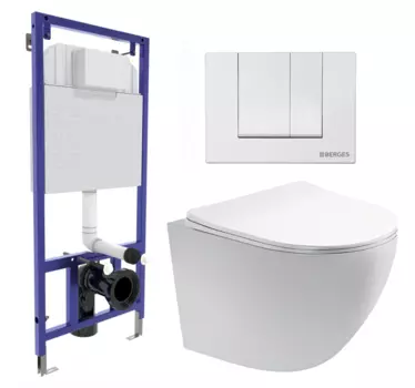 Комплект 3 в 1 инсталляция Berges Wasserhaus Novum 040241 + Унитаз подвесной Акватек Европа AQ1900-00 + кнопка белая