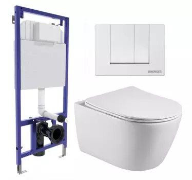 Комплект 3 в 1 инсталляция Berges Wasserhaus Novum 040241 + Унитаз подвесной Акватек Вега AQ1905-00 + кнопка белая