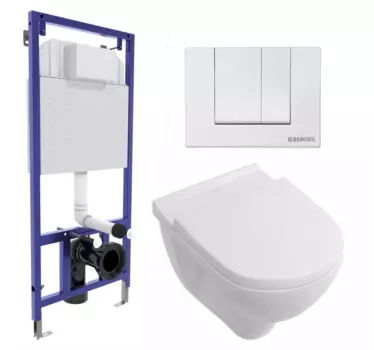 Комплект 3 в 1 инсталляция Berges Wasserhaus Novum 040241 + Унитаз подвесной Villeroy & Boch O Novo Directflush + кнопка белая