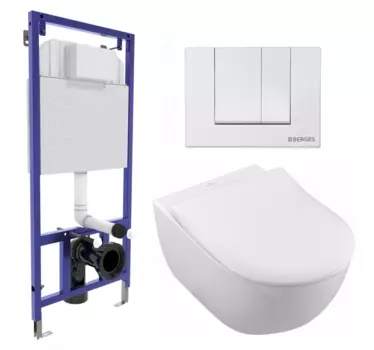 Комплект 3 в 1 инсталляция Berges Wasserhaus Novum 040241 + Унитаз подвесной Villeroy & Boch Subway 2.0 5614R201 + кнопка белая