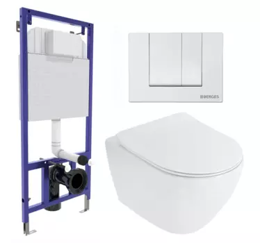 Комплект 3 в 1 инсталляция Berges Wasserhaus Novum 040241 + Унитаз подвесной Cezares Stylus CZR-513-TH-R + кнопка белая