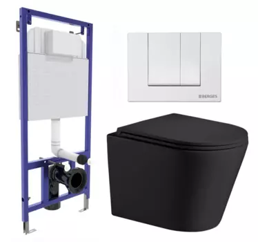Комплект 3 в 1 инсталляция Berges Wasserhaus Novum 040241 + Подвесной унитаз WeltWasser Salzbach 043 MT-BL + кнопка белая